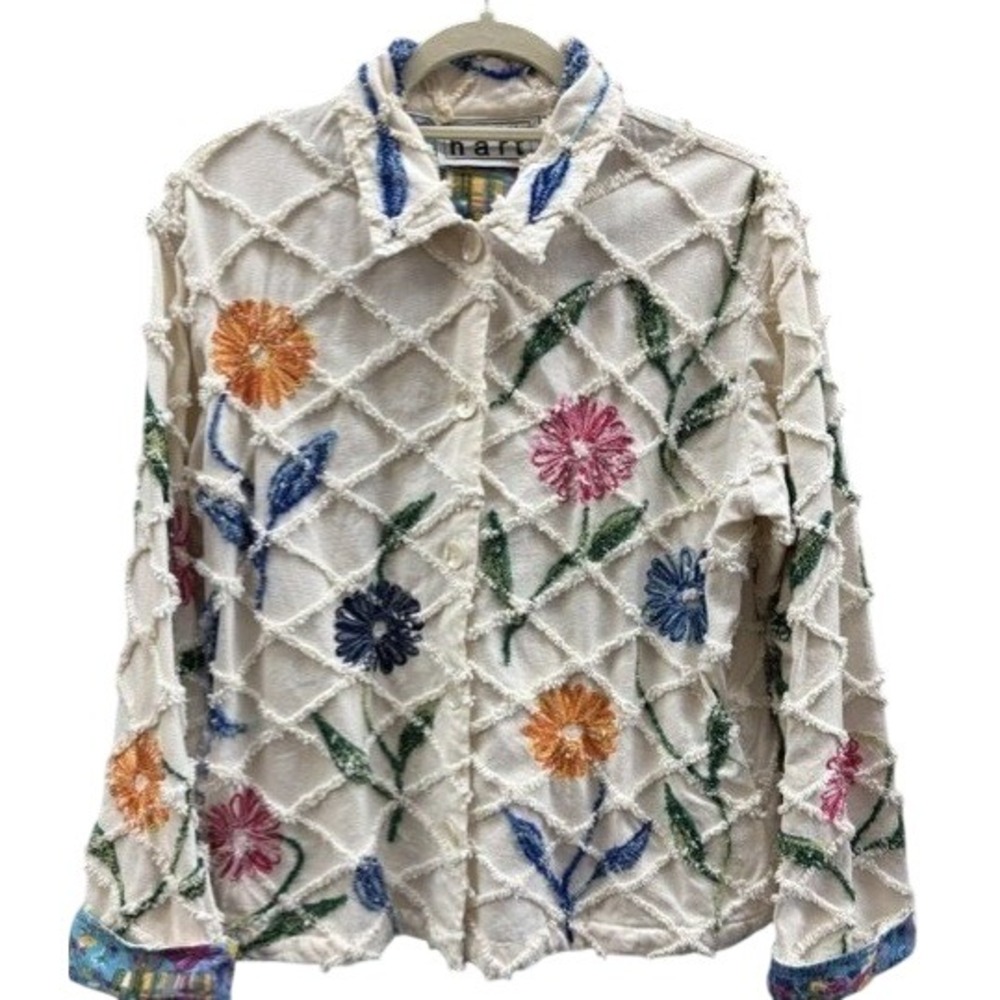 Keren Hart Womens Floral‎ Embroidered Lattice Textured Cotton Jacket Cream Large